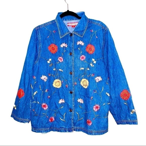 Tudor Court Vintage Denim Floral Embroidered Blouse - Picture 1 of 1